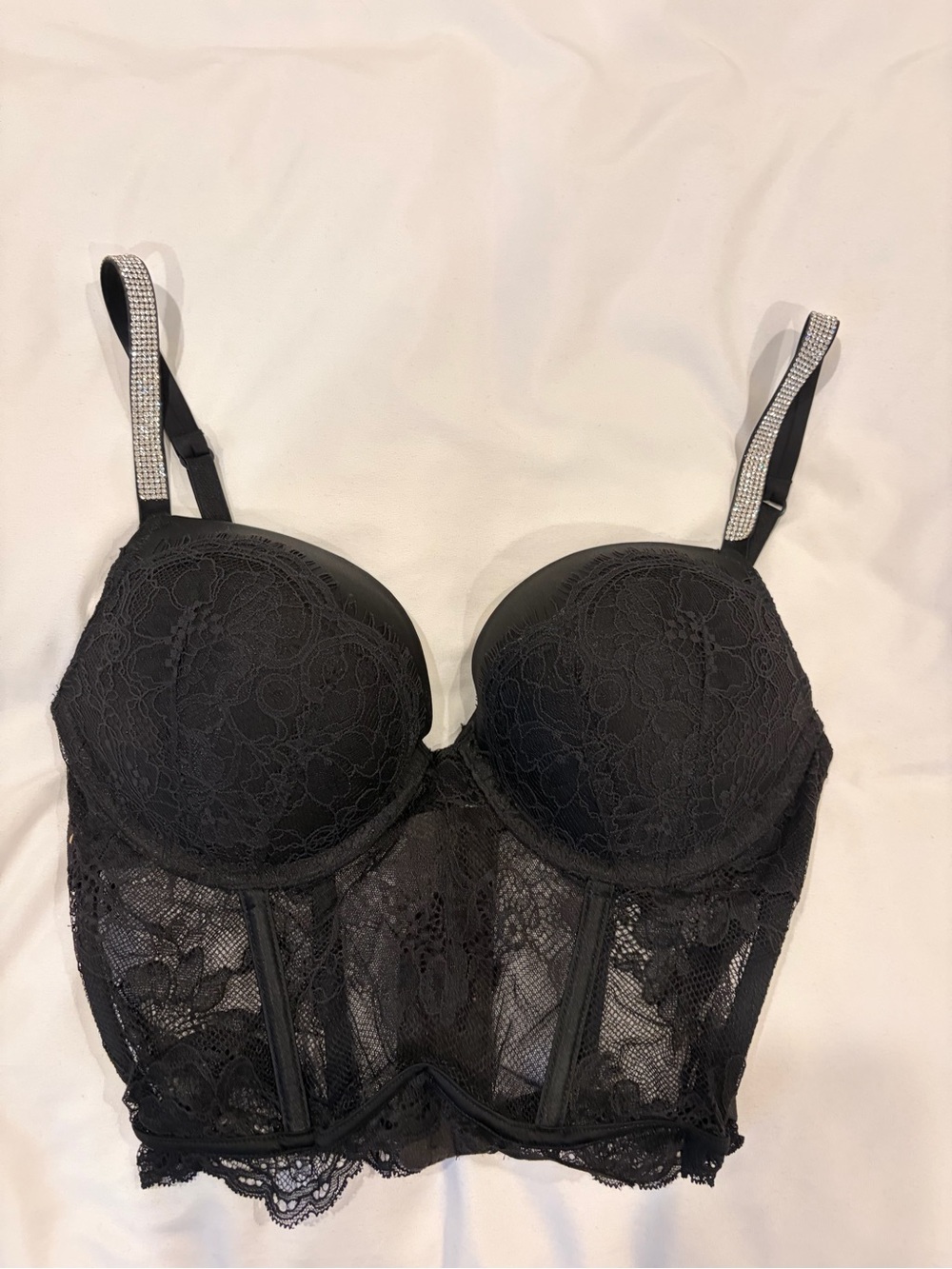 Victoria's Secret Black Lace Longline Bustier with Embellished Straps